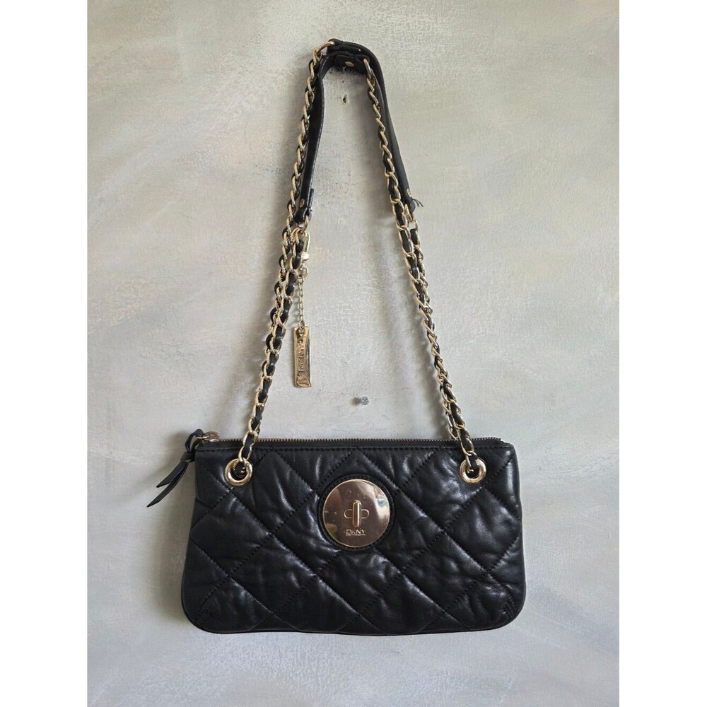 DKNY Quilted Black Soft Leather Shoulder Crossbody Bag Chain Straps 11x6